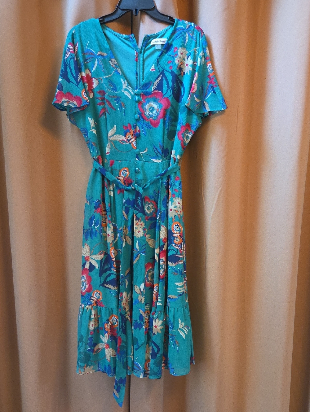 Calvin Klein Teal Floral V-Neck Tie-Waist Midi Dress
